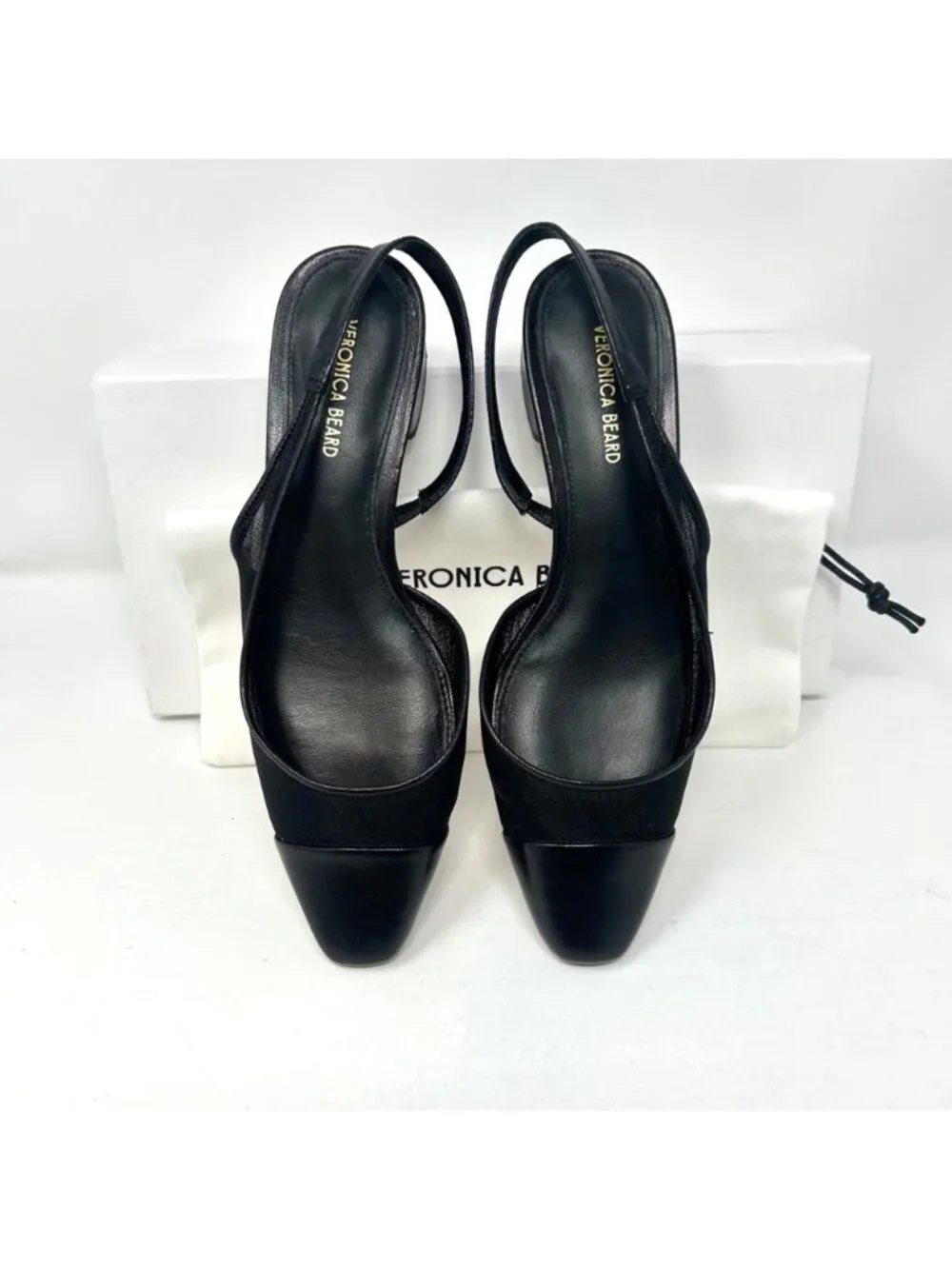 Veronica Beard Cecile Black Mesh Leather Cap Toe Slingback Heels Pumps 6.5M